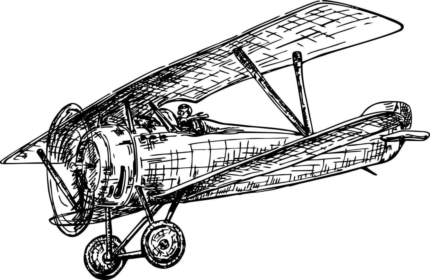 Biplane flying. Vintage hand drawn biplane. Vector airplane illustration. An old airplane. Retro plane sketch