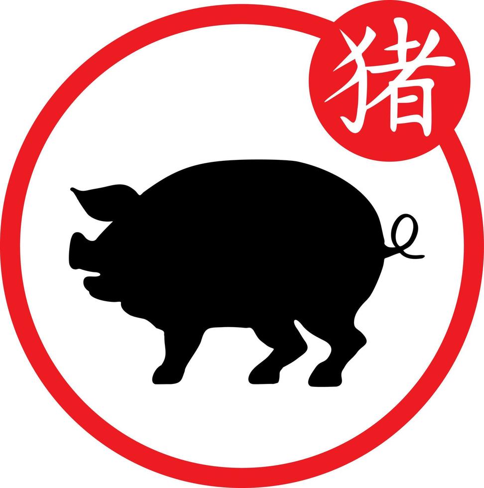 Chinese calendar year of the pig silhouettes. Asian New Year symbol and Chinese character. The hieroglyph under the corresponding picture. Chinese horoscope symbol vector