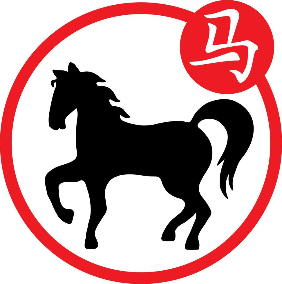 año calendario chino de las siluetas de caballos. símbolo asiático de año nuevo y carácter chino. el jeroglífico debajo de la imagen correspondiente. símbolo del horóscopo chino vector
