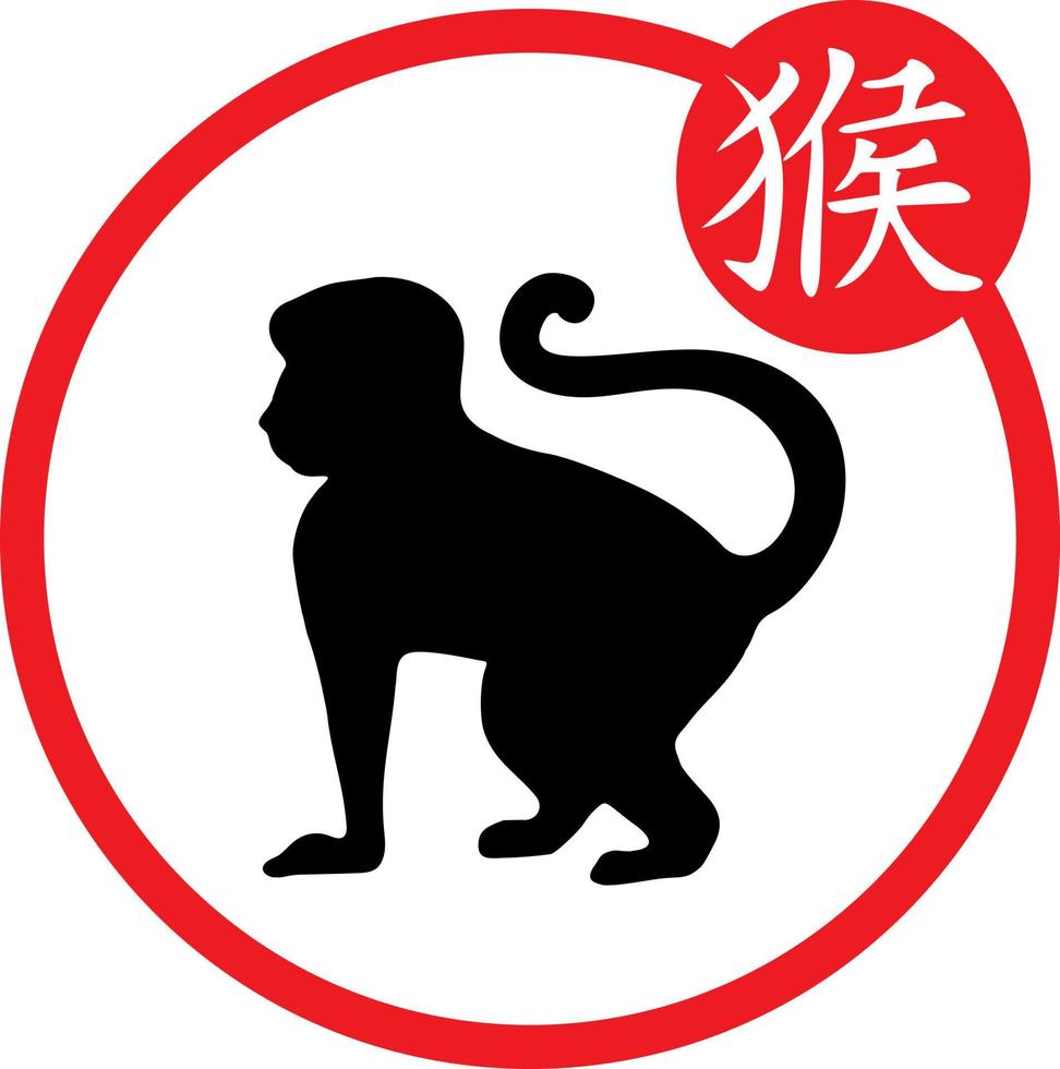 Chinese calendar year of the monkey silhouettes. Asian New Year symbol and Chinese character. The hieroglyph under the corresponding picture. Chinese horoscope symbol vector
