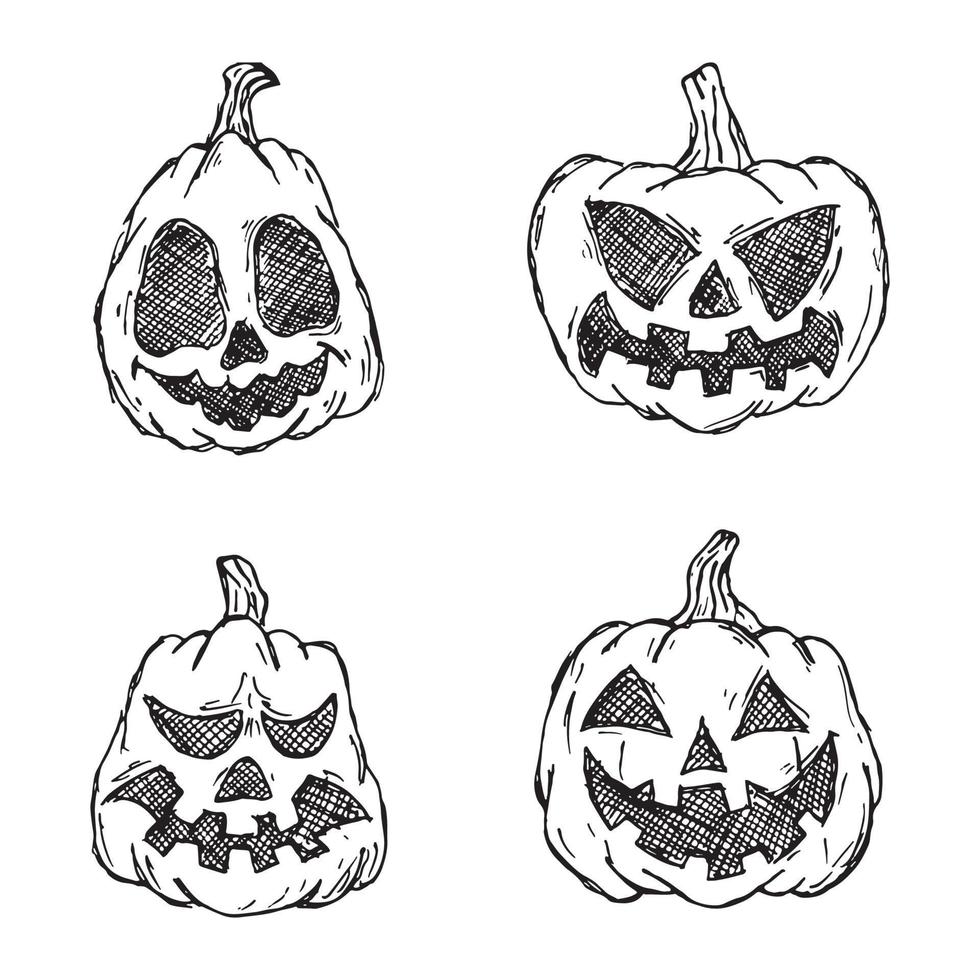 Halloween pumpkins in vector with different face icon set. colored Hand drawn illustration. Monsters faces. Design elements for logo, badges, banners, labels, posters