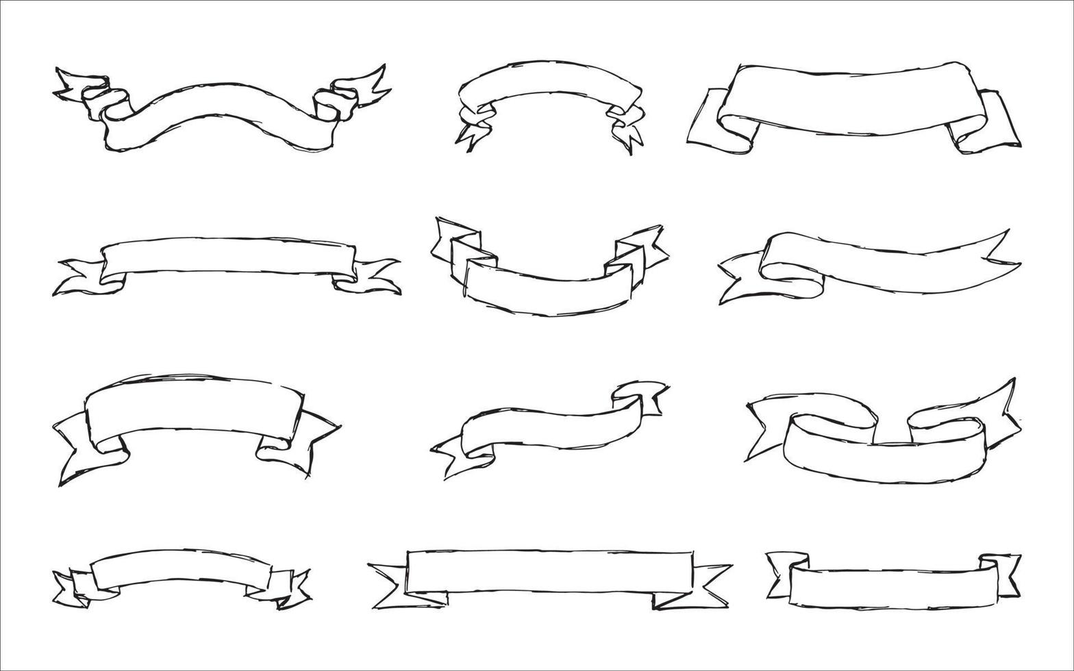 Hand drawn set of different ribbons. Design elements for greeting cards, banners, invitations. Sketch, vector illustration