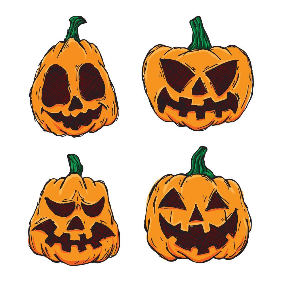 Halloween pumpkins in vector with different face icon set. colored Hand drawn illustration. Monsters faces. Design elements for logo, badges, banners, labels, posters