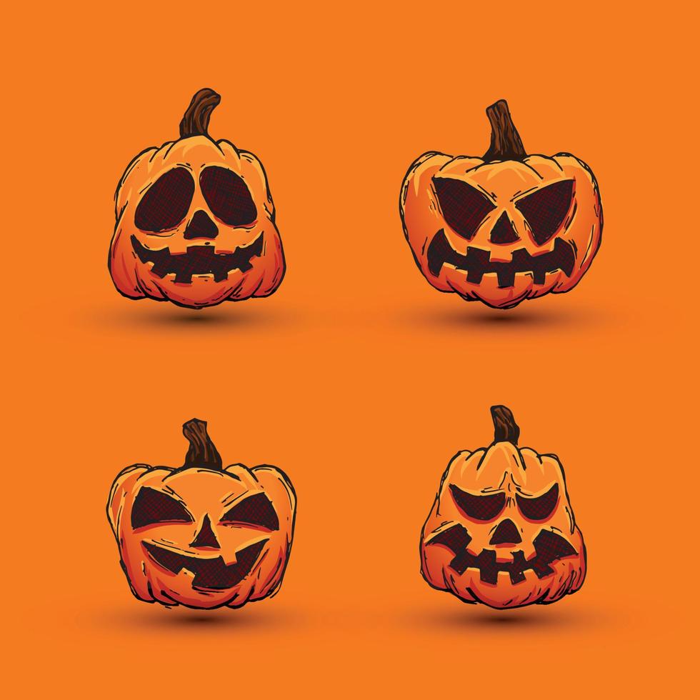Halloween pumpkins in vector with different face icon set. colored Hand drawn illustration. Monsters faces. Design elements for logo, badges, banners, labels, posters