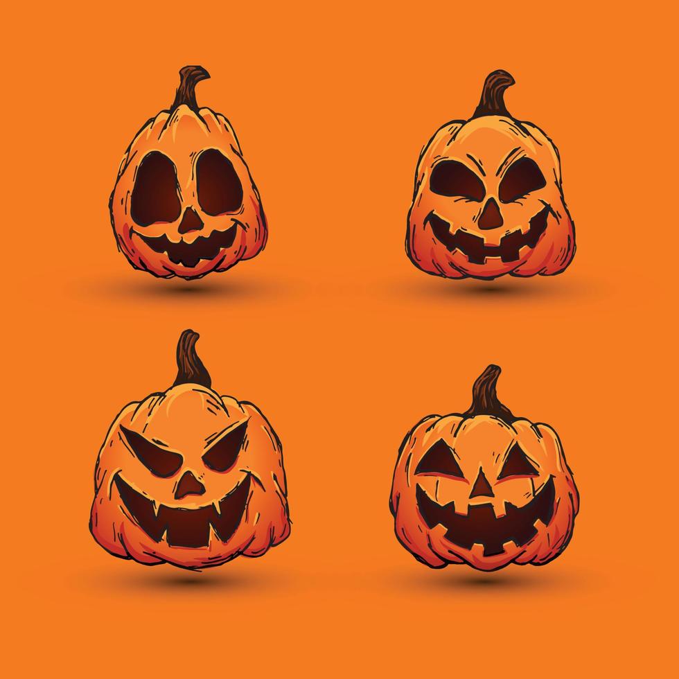 Halloween pumpkins in vector with different face icon set. colored Hand drawn illustration. Monsters faces. Design elements for logo, badges, banners, labels, posters