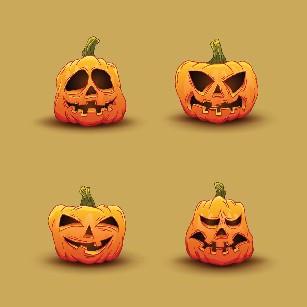 Halloween pumpkins in vector with different face icon set. colored Hand drawn illustration. Monsters faces. Design elements for logo, badges, banners, labels, posters