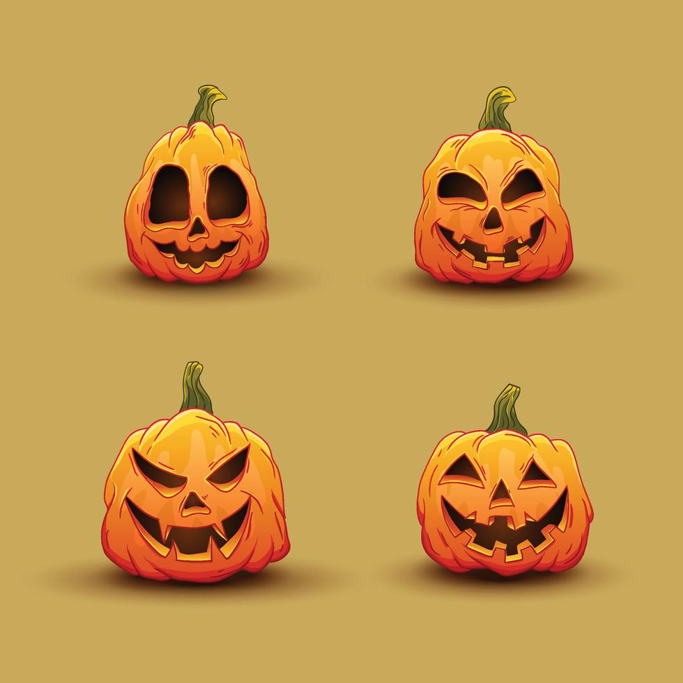 Halloween pumpkins in vector with different face icon set. colored Hand drawn illustration. Monsters faces. Design elements for logo, badges, banners, labels, posters