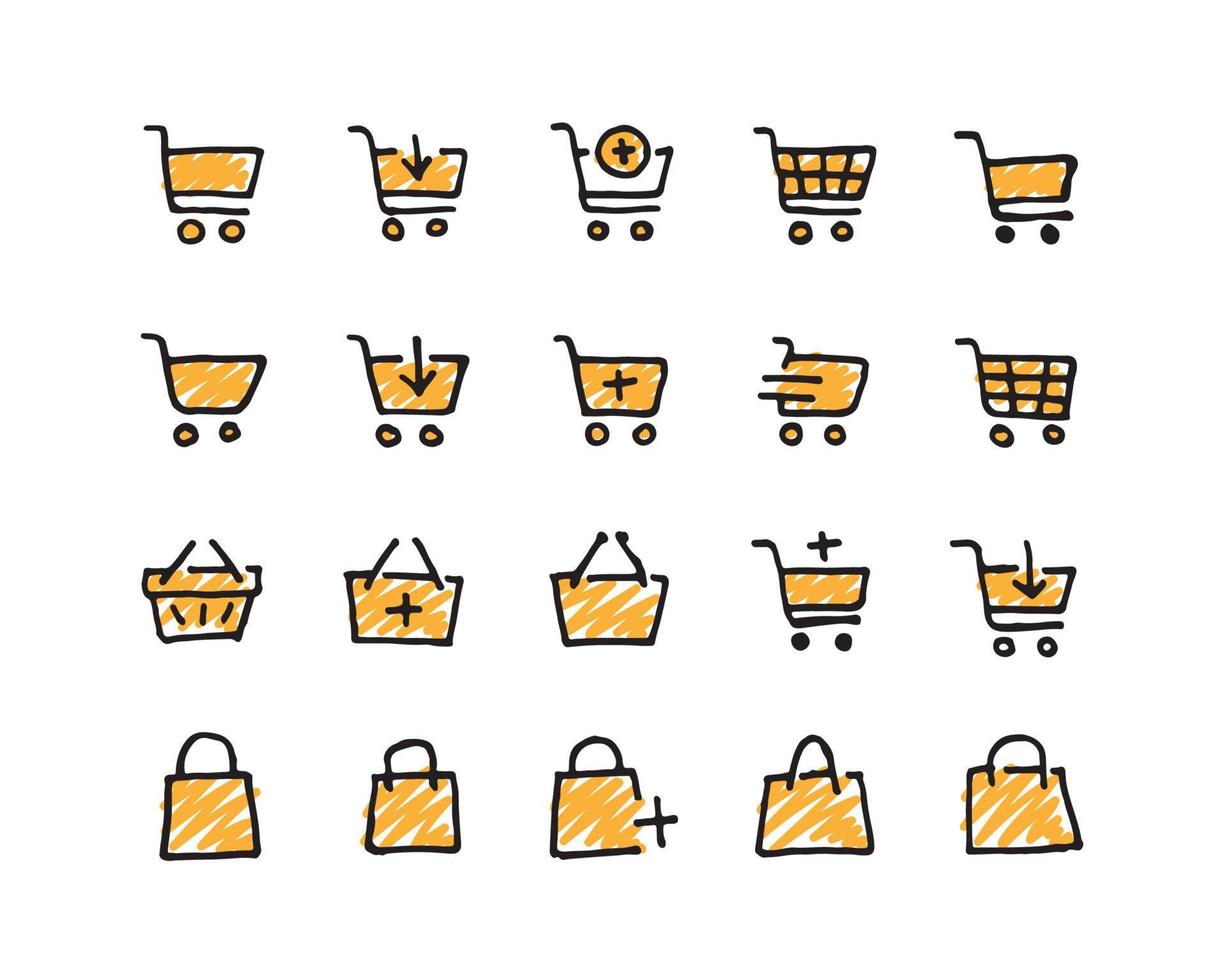 croquis dibujado a mano carrito de compras, cesta y conjunto de iconos de bolsa de compras. colección de íconos web para tiendas en línea, íconos en varias formas coloreadas con color amarillo vector