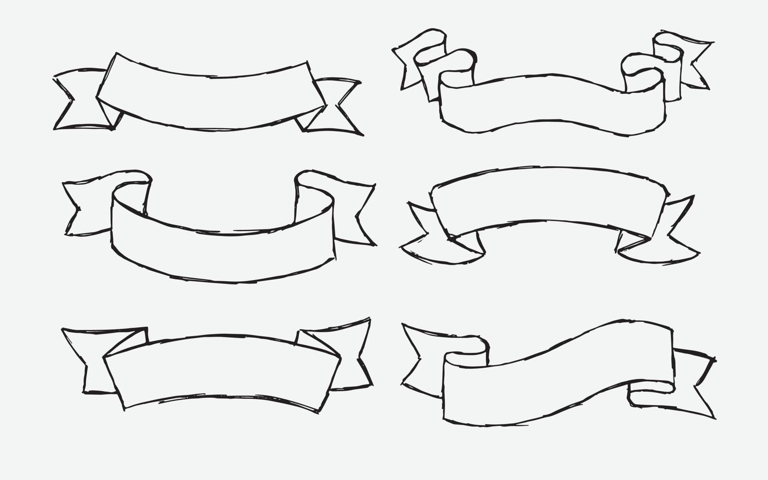 Hand drawn set of different ribbons. Design elements for greeting cards, banners, invitations. Sketch, vector illustration