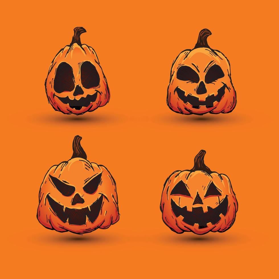 Halloween pumpkins in vector with different face icon set. colored Hand drawn illustration. Monsters faces. Design elements for logo, badges, banners, labels, posters