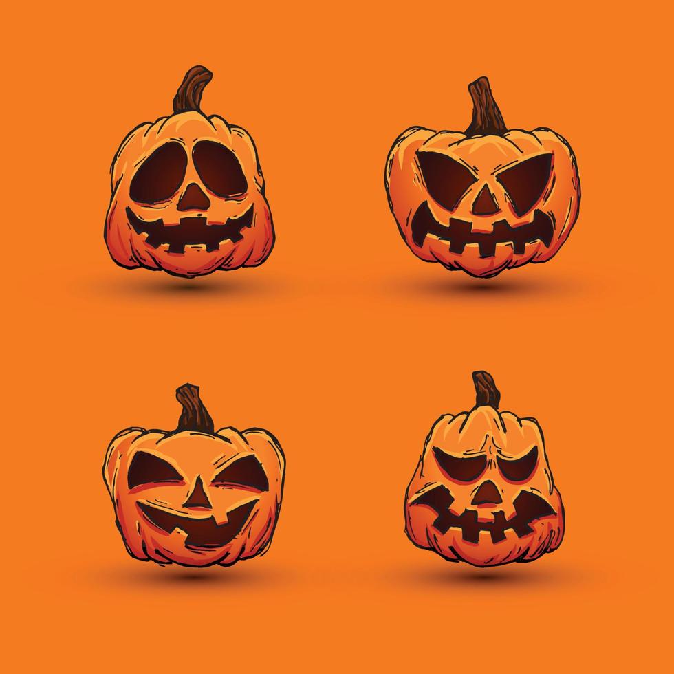 Halloween pumpkins in vector with different face icon set. colored Hand drawn illustration. Monsters faces. Design elements for logo, badges, banners, labels, posters