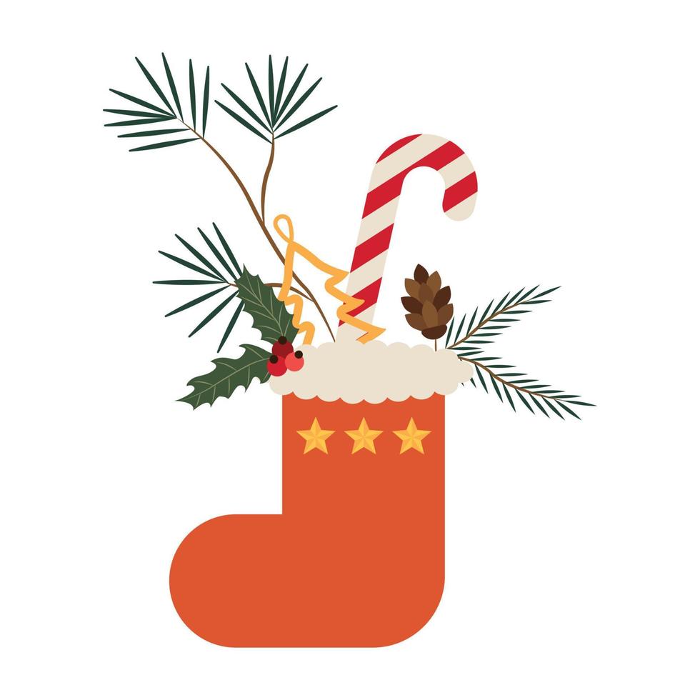 Christmas red sock with spruce twigs decoration. vector illustration