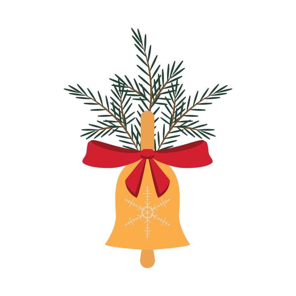 Christmas bell with red bow and spruce branches. vector illustration