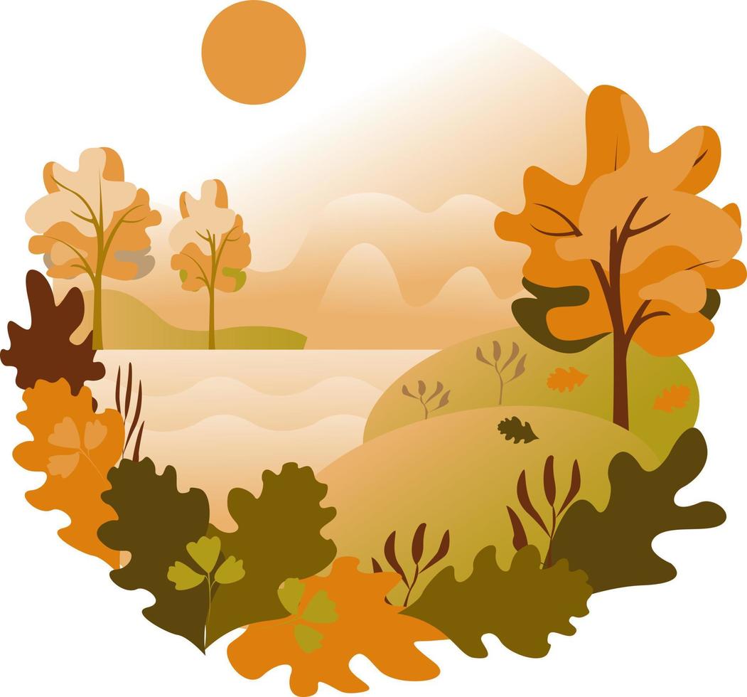 Autumn landscape vector illustration. Background witch mountains, fields,trees,sun .