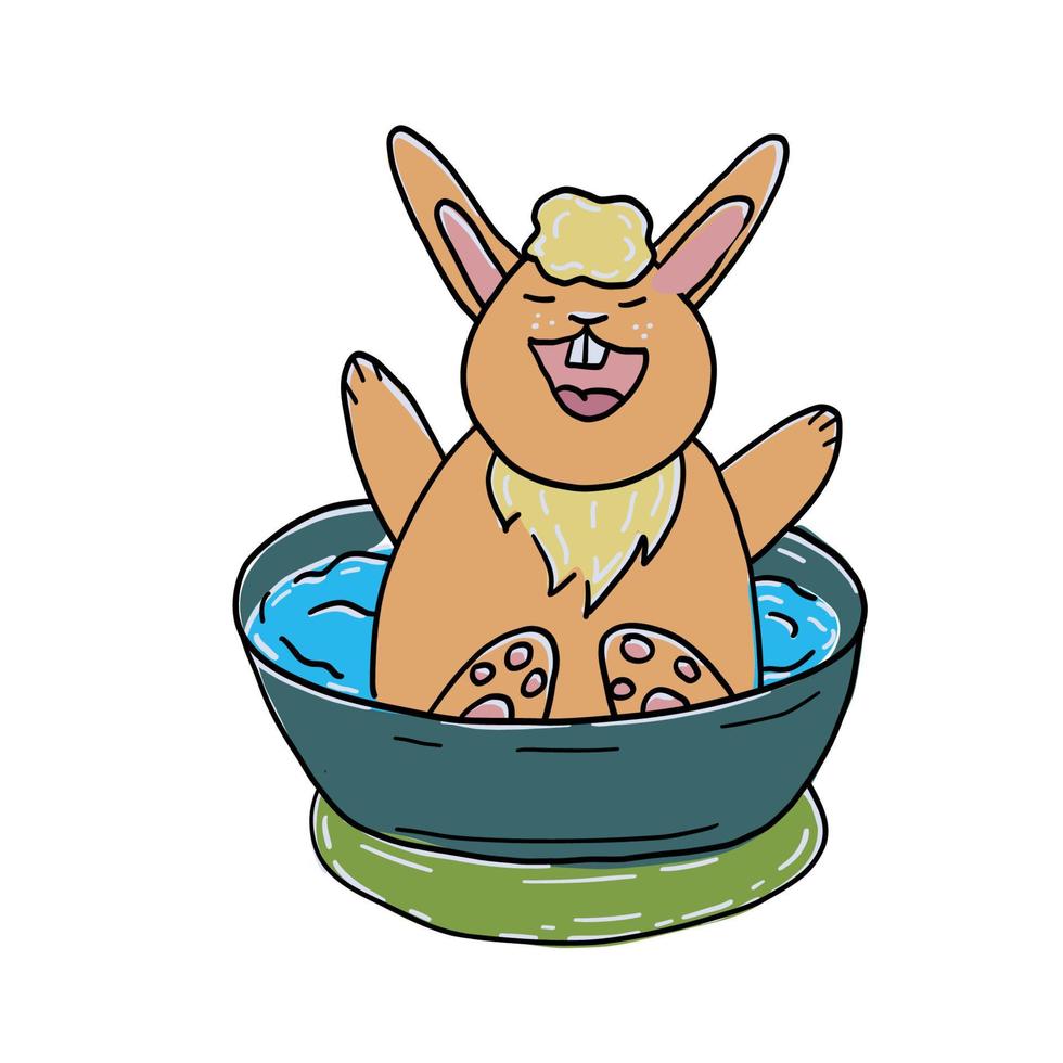 Cute little rabbit bathes in the bath . Vector hand drawn cartoon illustration.