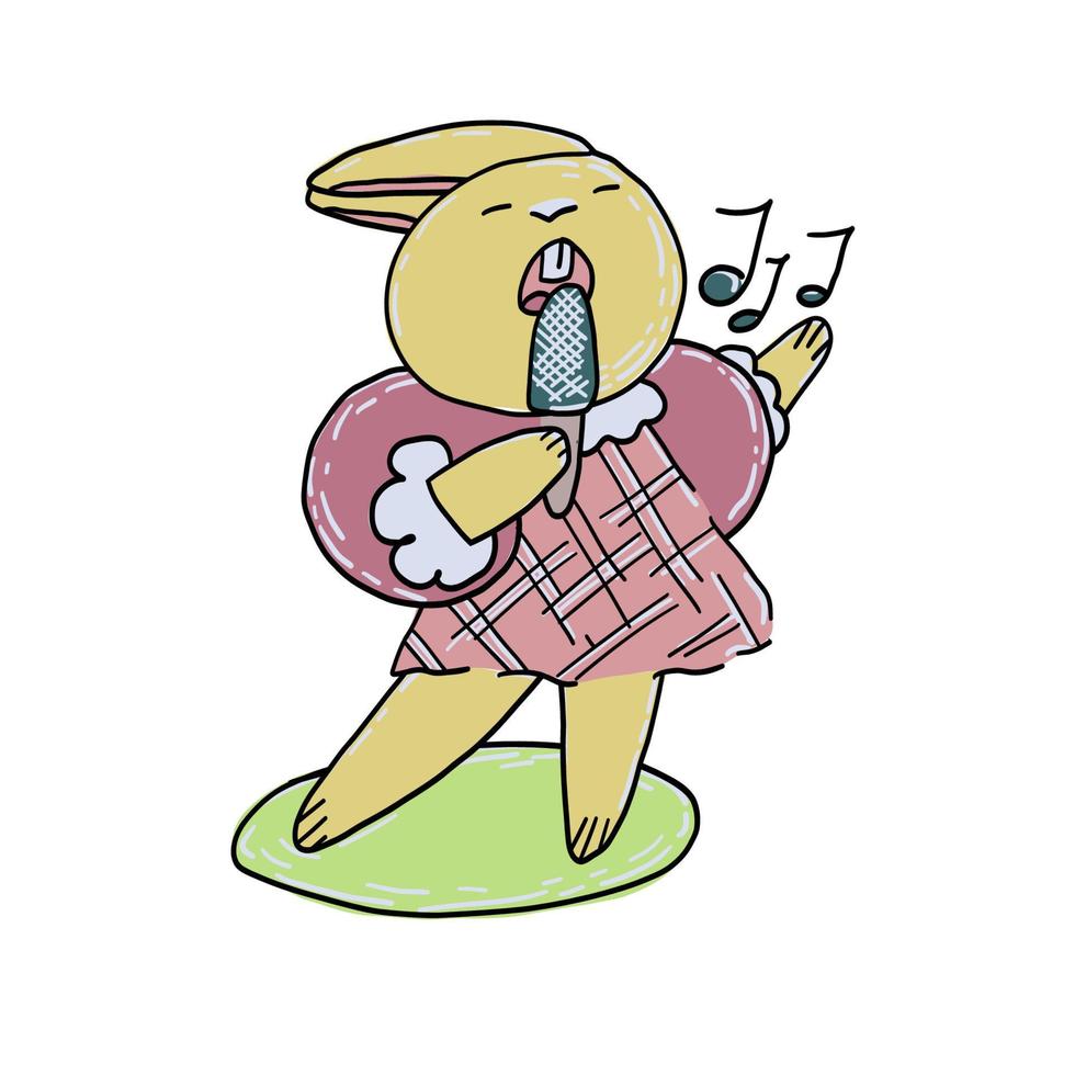 Cute bunny girl in a dress sings karaoke. Vector hand drawn cartoon illustration.