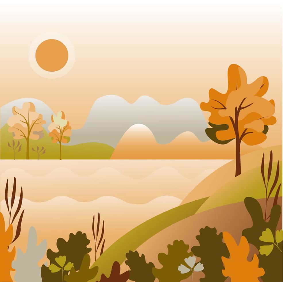 ilustración de vector de paisaje de otoño. montañas de brujas de fondo, campos, árboles, sol.