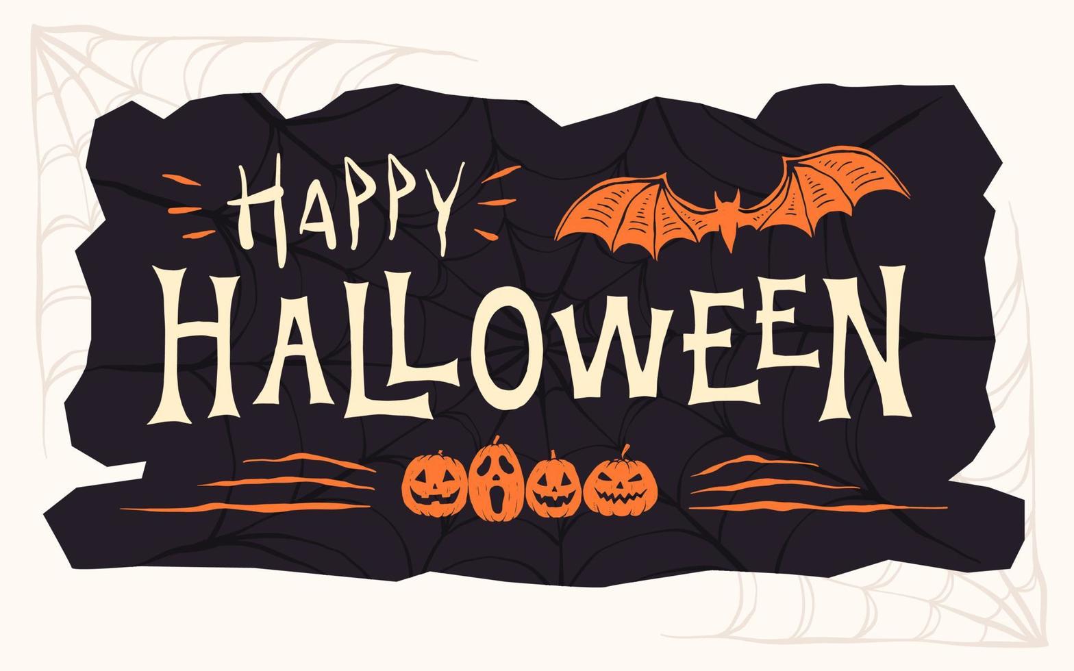 feliz halloween letras o caligrafía con fondo de elementos de halloween vector