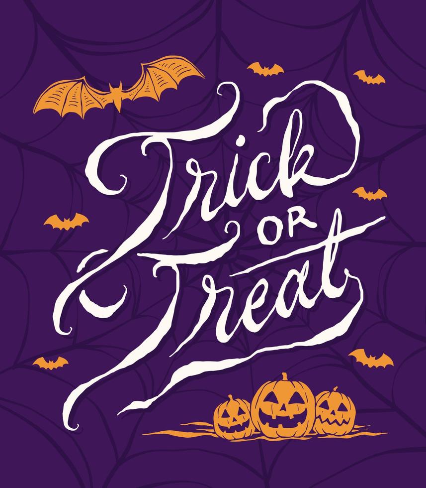 Trick or treat lettering with pumpkins and flying bats background vector