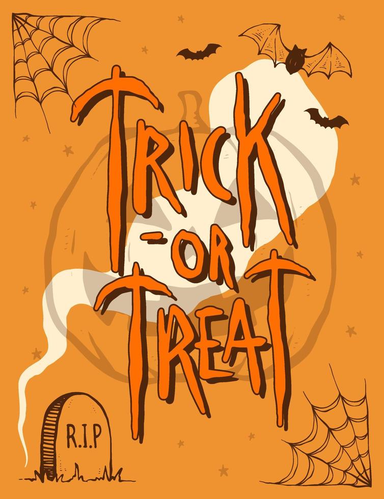 Trick or treat lettering with halloween elements background vector