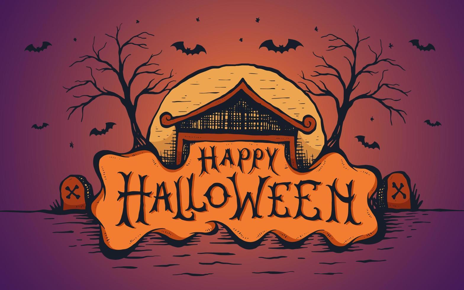 letras o caligrafía de feliz halloween con fondo de casa embrujada. ilustración vectorial vector