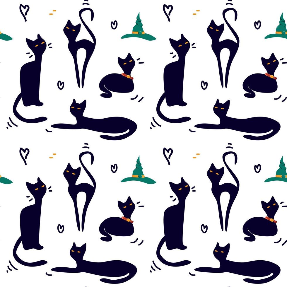 Seamless pattern of black cats and green hats vector