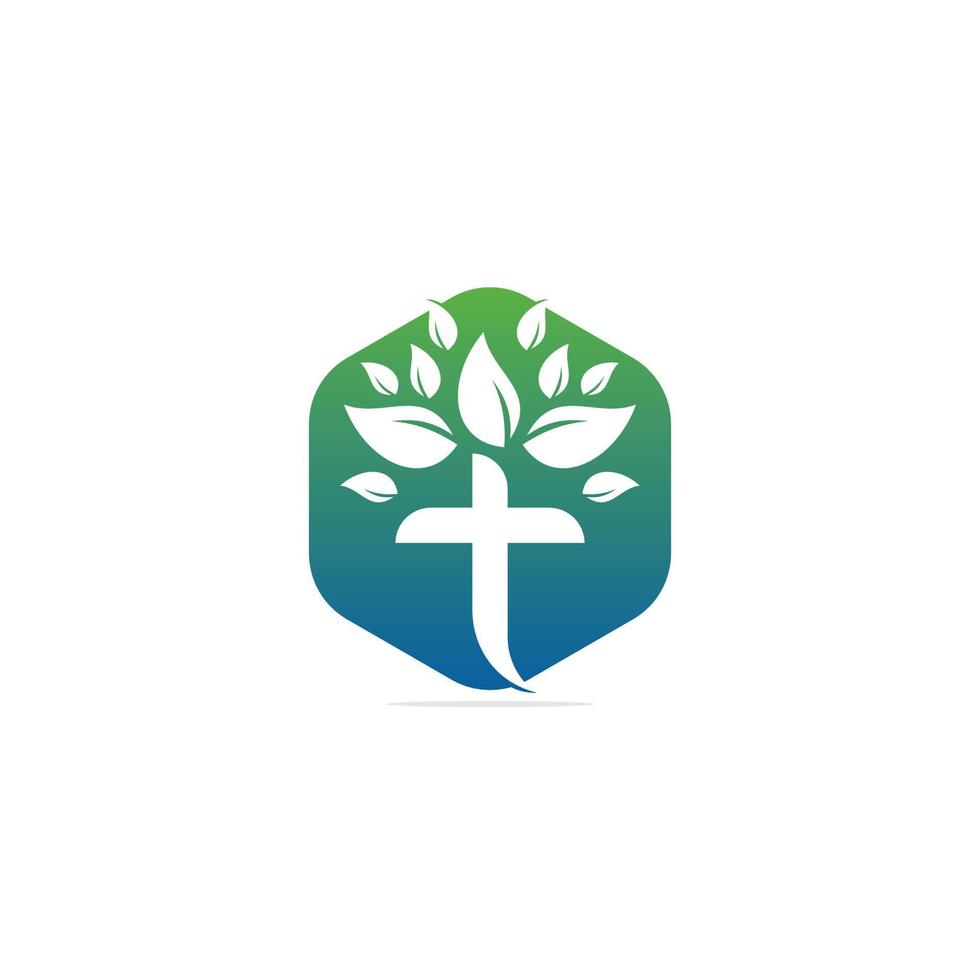 diseño del vector del icono del símbolo de la cruz religiosa del árbol. diseño de logotipo de árbol cruzado. logotipo de la iglesia del árbol.