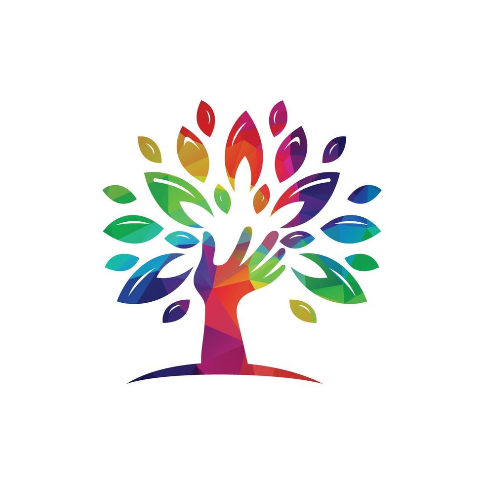 Human hands and tree with green and yellow leaves. Logo, symbol, icon, illustration, vector, template, design. vector