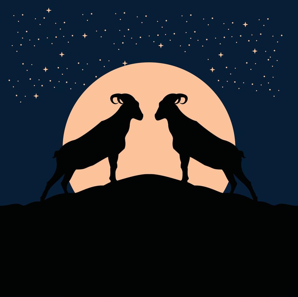 twins billy goat silhouette at the full moon night - goat, sheep, lamb logo emblem or button icon silhouette - mammal, animal vector icon