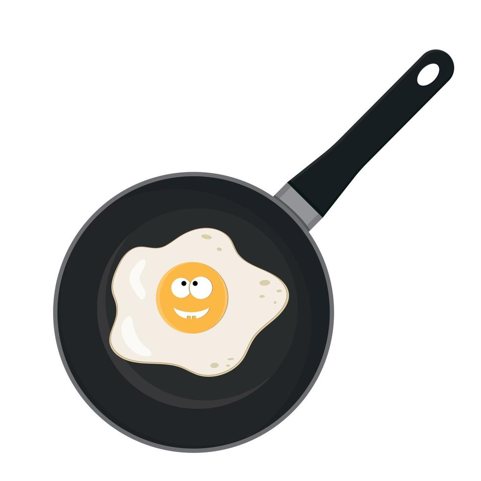 Fried egg character with kawaii eyes in a frying pan, black outline, line, vector illustration