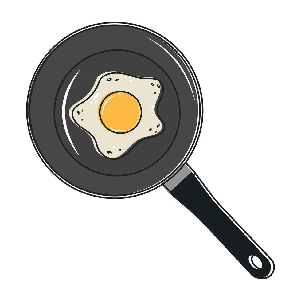 Fried egg in a black frying pan, color vector illustration
