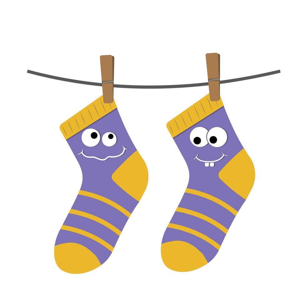 Children's kawaii socks on a clothesline on clothespins, color vector illustration