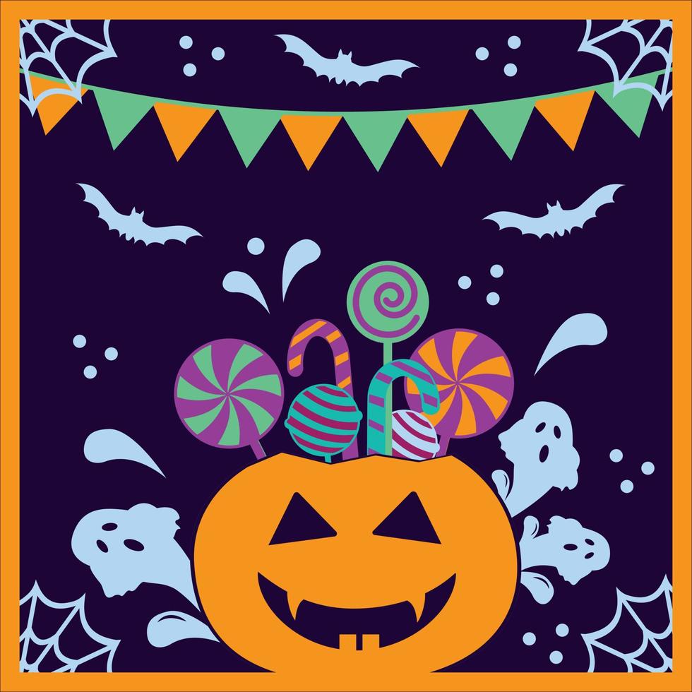 Halloween pumpkin basket full of candies and sweets on violet background vector