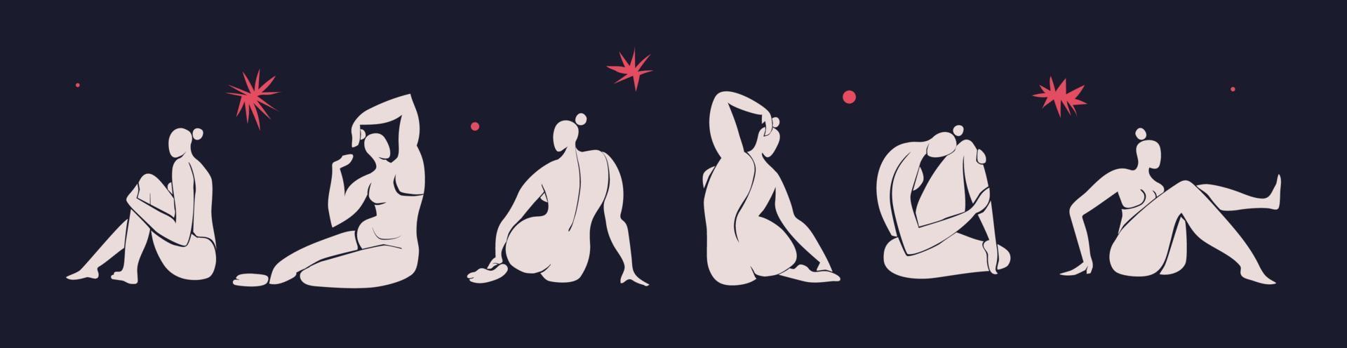 Female figures inspired by Henry Matisse. Cut out female bodies in different poses on a black background with red stars. Contemporary art. Vector color illustration isolated.