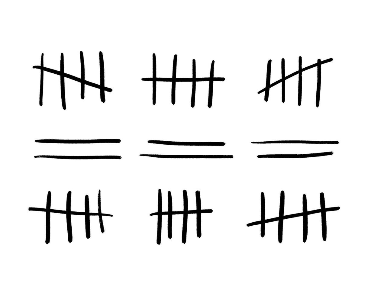 Tally marks or prison wall signs isolated. Hand-drawn four sticks crossed out by line. Vector illustration waiting counted marks, lines crossed out with a diagonal line.