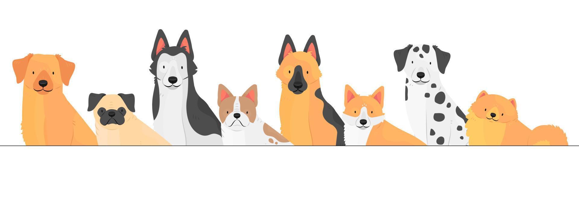 ilustración con perros de diferentes razas con espacio para texto. un concepto con lindos perros mascotas. plantilla de ilustración vectorial. vector