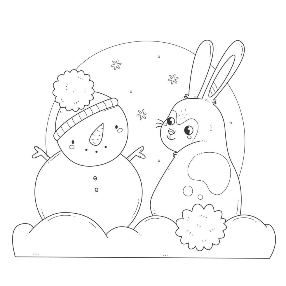 Cute rabbit with a snowman kids coloring page. Coloring book with bunny. Vector winter illustration with animal character.