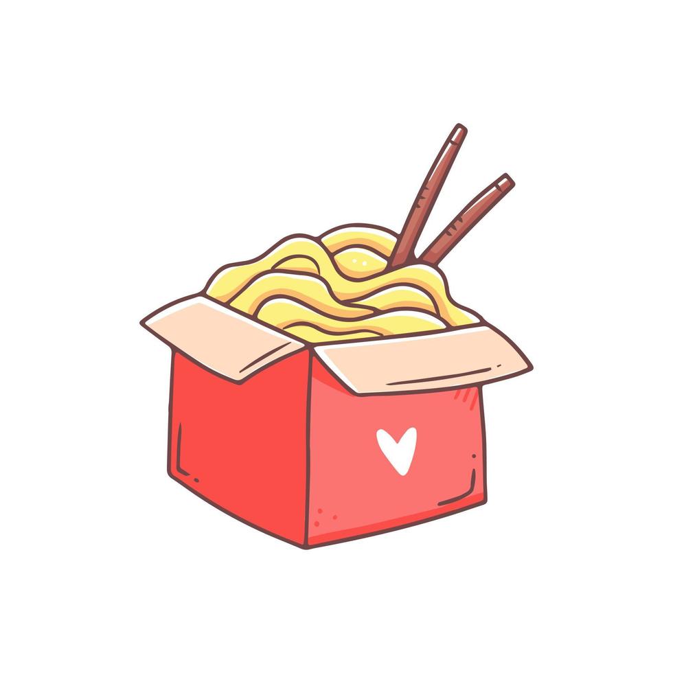 Wok noodles in a red box in a kawaii doodle style. Vector fast food isolated illustration.