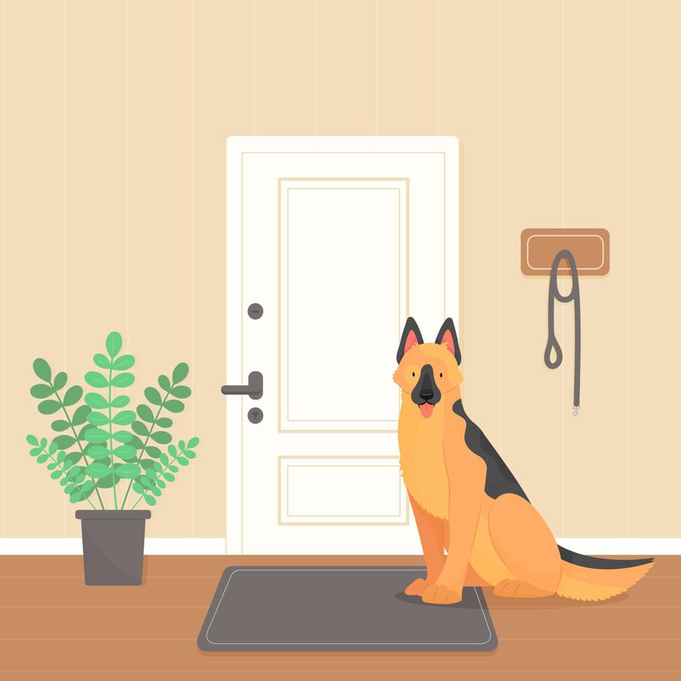 A German Shepherd dog is waiting for a walk. The dog is sitting in the hallway by the door. Vector pet illustration.