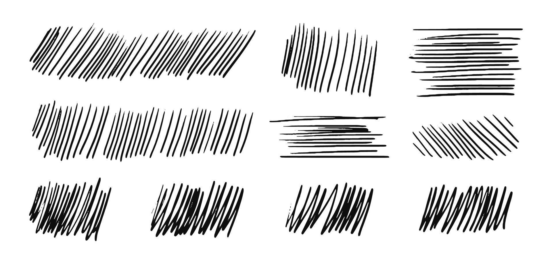 Set of hatching lines diagonal, vertical or parallel strokes. A set of hand drawn hatched strikethrough doodles. Vector stock illustration isolated on white.