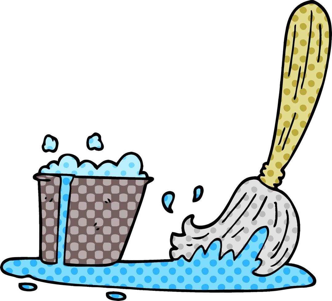 cartoon doodle bucket and mop vector