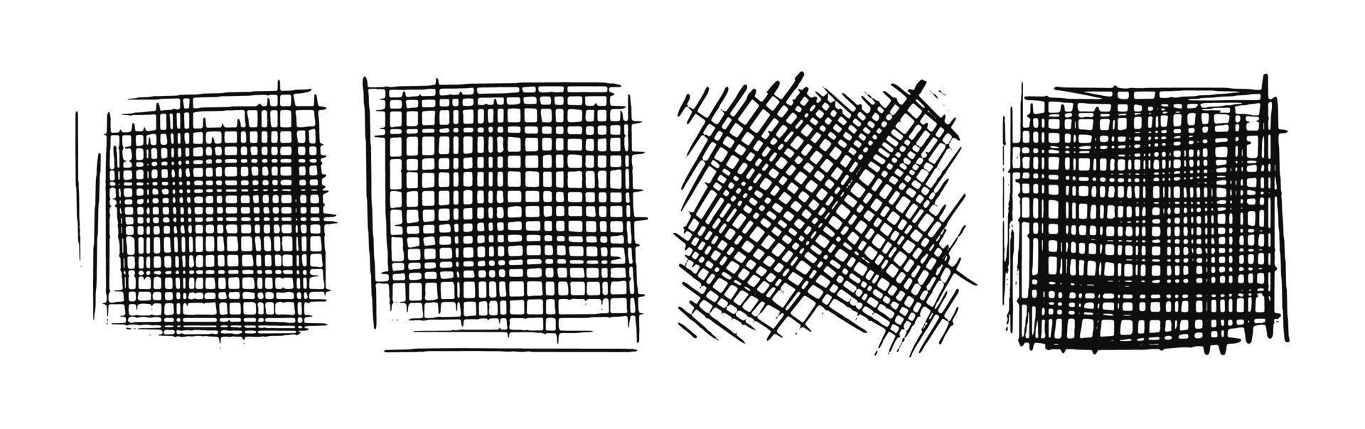 Drawn hatching squares. A set of hand drawn hatched strikethrough doodles. Diagonal, vertical, or parallel square strokes. Vector stock illustration isolated on white.