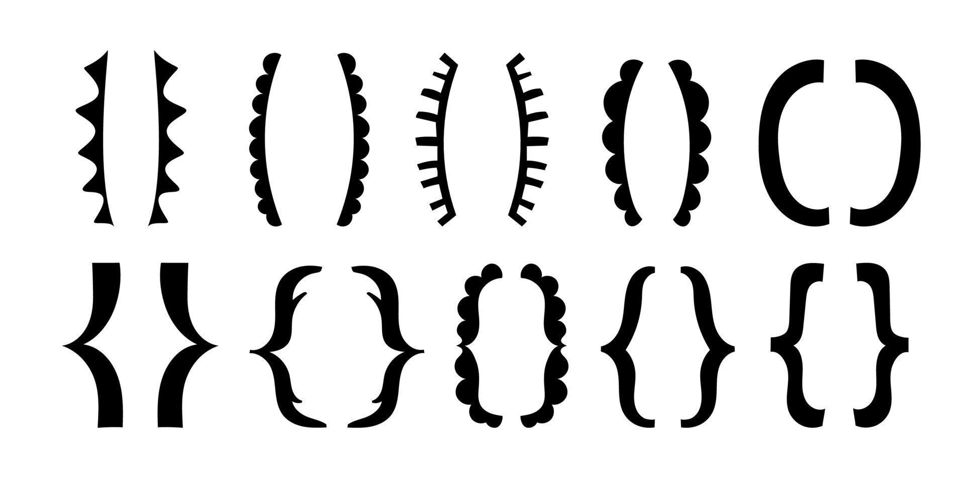 Silhouette of brackets. A set of various hand-drawn text frames. Curly text symbols isolated. Vector illustration of collection of punctuation marks.