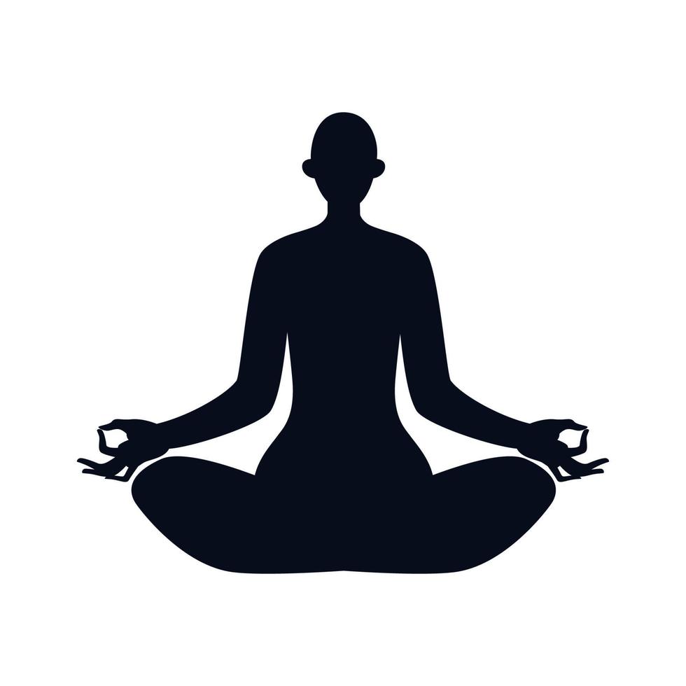 Female body in lotus position isolated. The woman is in a state of meditation. Black on white vector illustration of a female silhouette on a white background.