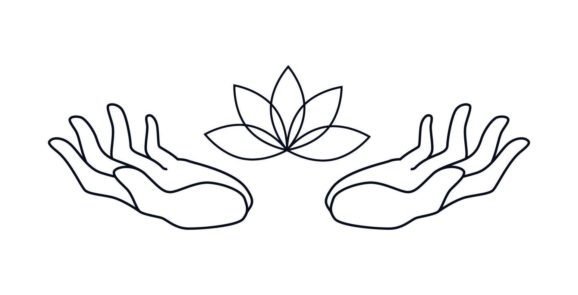 Open upward hands with lotus flower isolated. Hand drawn concept of hands with healing energy. Vector outline illustration.