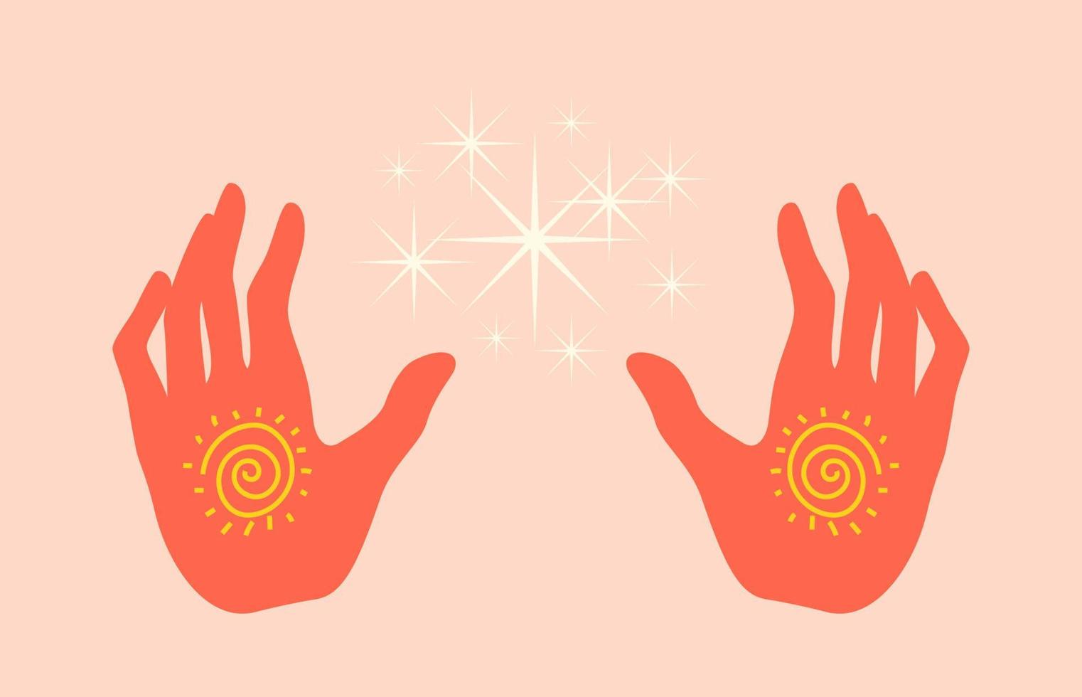 Healing hands silhouette isolated. Colored drawn hands radiating healing energy. Vector illustration of open hot hands in flat style.