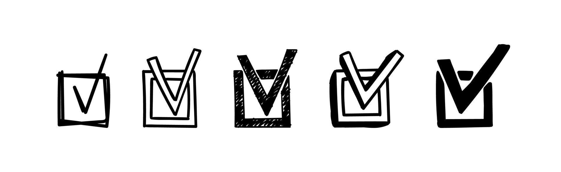 Doodle checkbox set. Hand-drawn scribble check marks in a square. Vector illustration of different signs of the right choice, questionnaire, done.