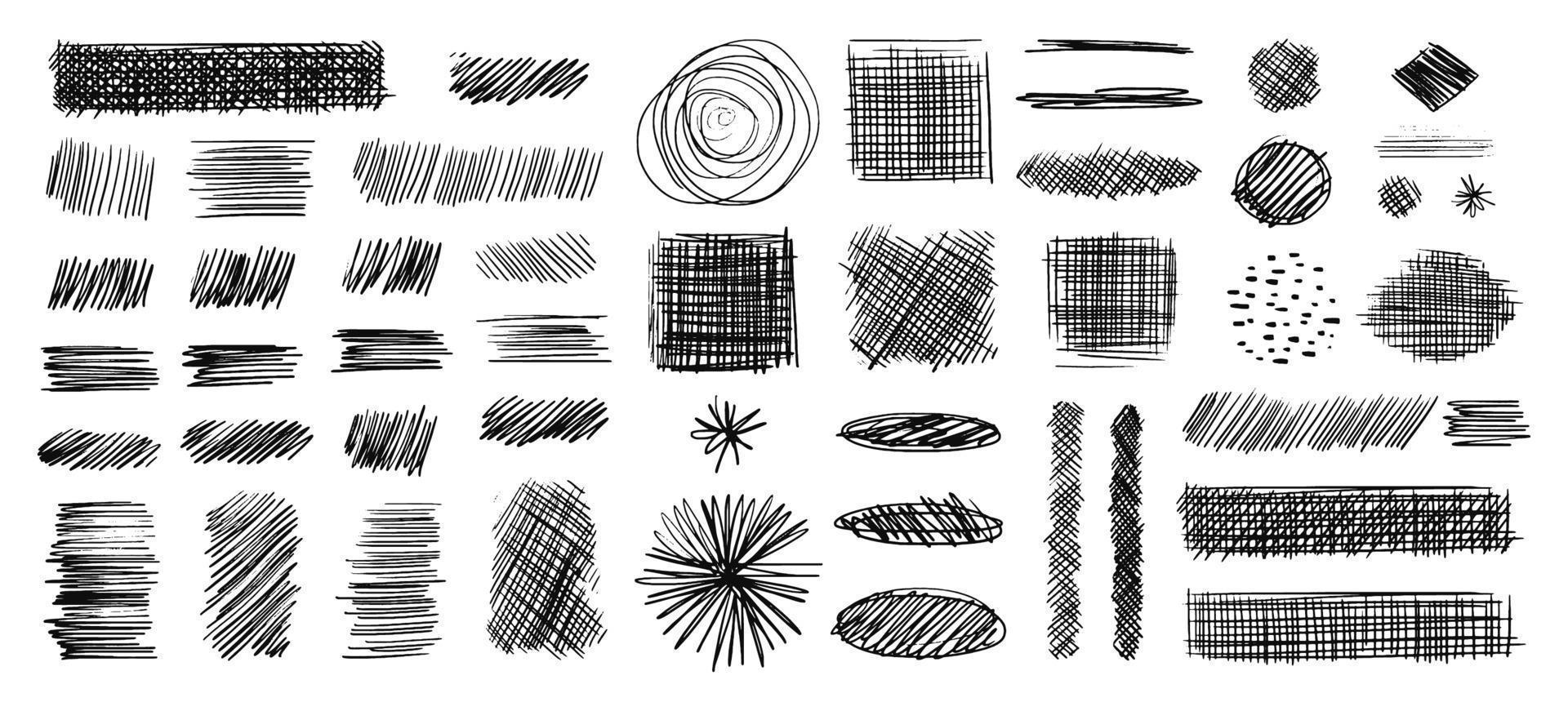 A collection of crossed strokes of different scribble shapes, ovals, squares or rectangles. A set of dashed underline and highlighter lines. Diagonal, vertical or parallel vector lines.