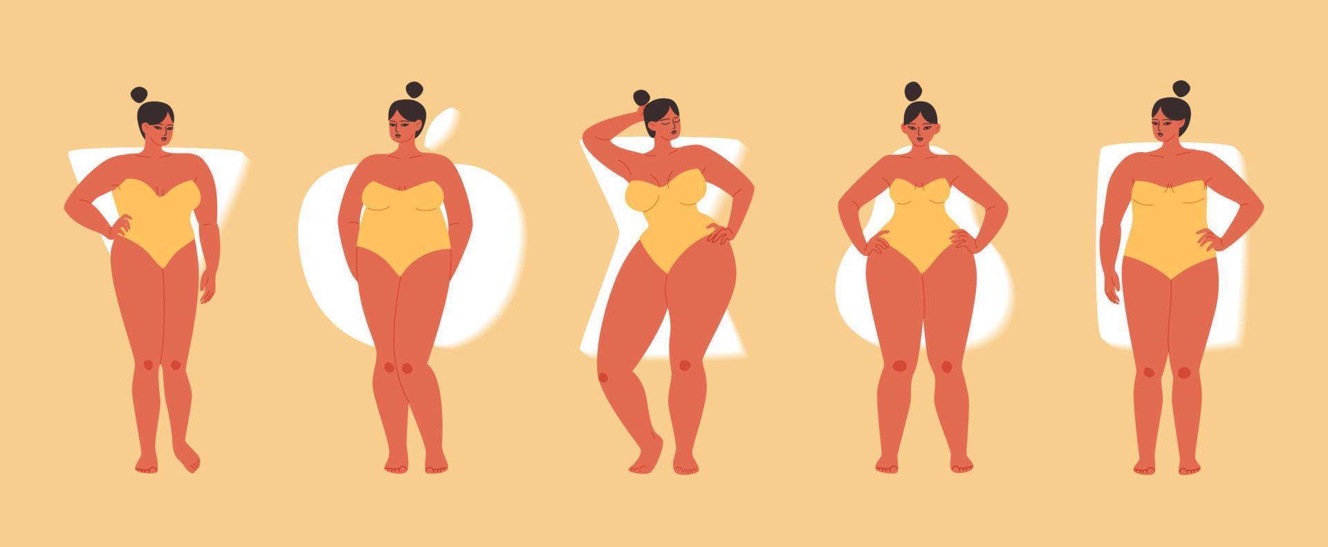 Types of female figures apple, pear. Set of tanned chubby women in swimwear. Triangular, rectangular and hourglass body type. Full beautiful girls with different shapes. vector