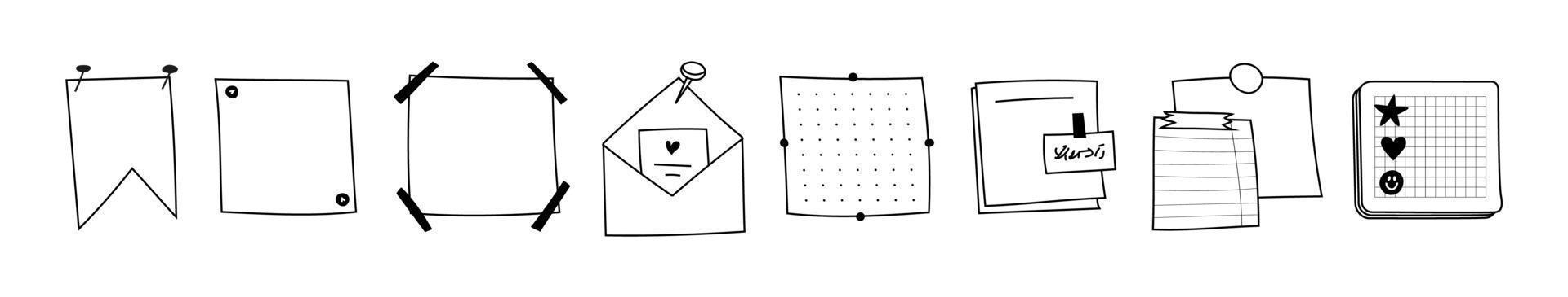 Hand-drawn Memo doodle. Blank square sheets of note paper. A set of different envelope paper with pins, paper clips, stickers, scotch tape. Reminder templates vector isolated on white background.
